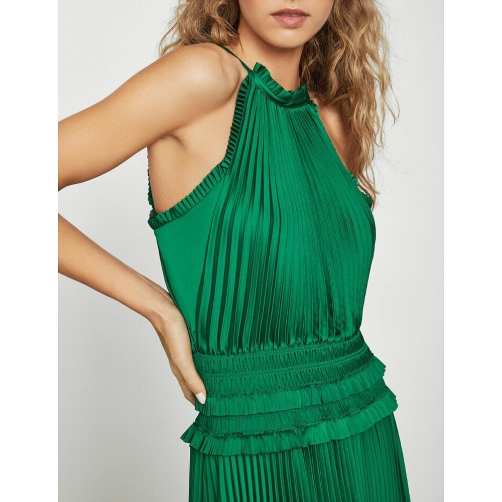 BCBGMAXAZRIA Emerald Green Satin Plisse High-Neck Maxi Dress XXS Pleated Elegant - Picture 6 of 16